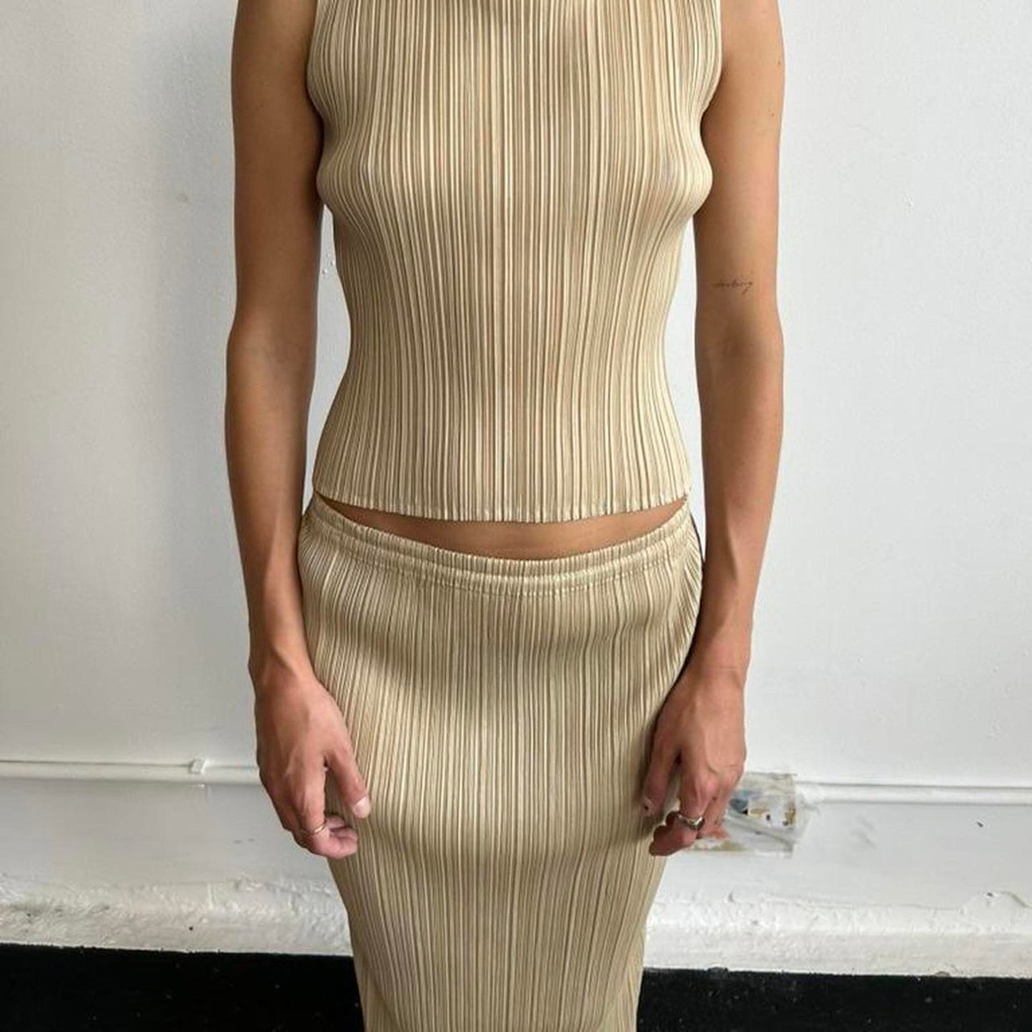 Issey Miyake Pleats Please set, sleeveless high neck top and maxi skirt