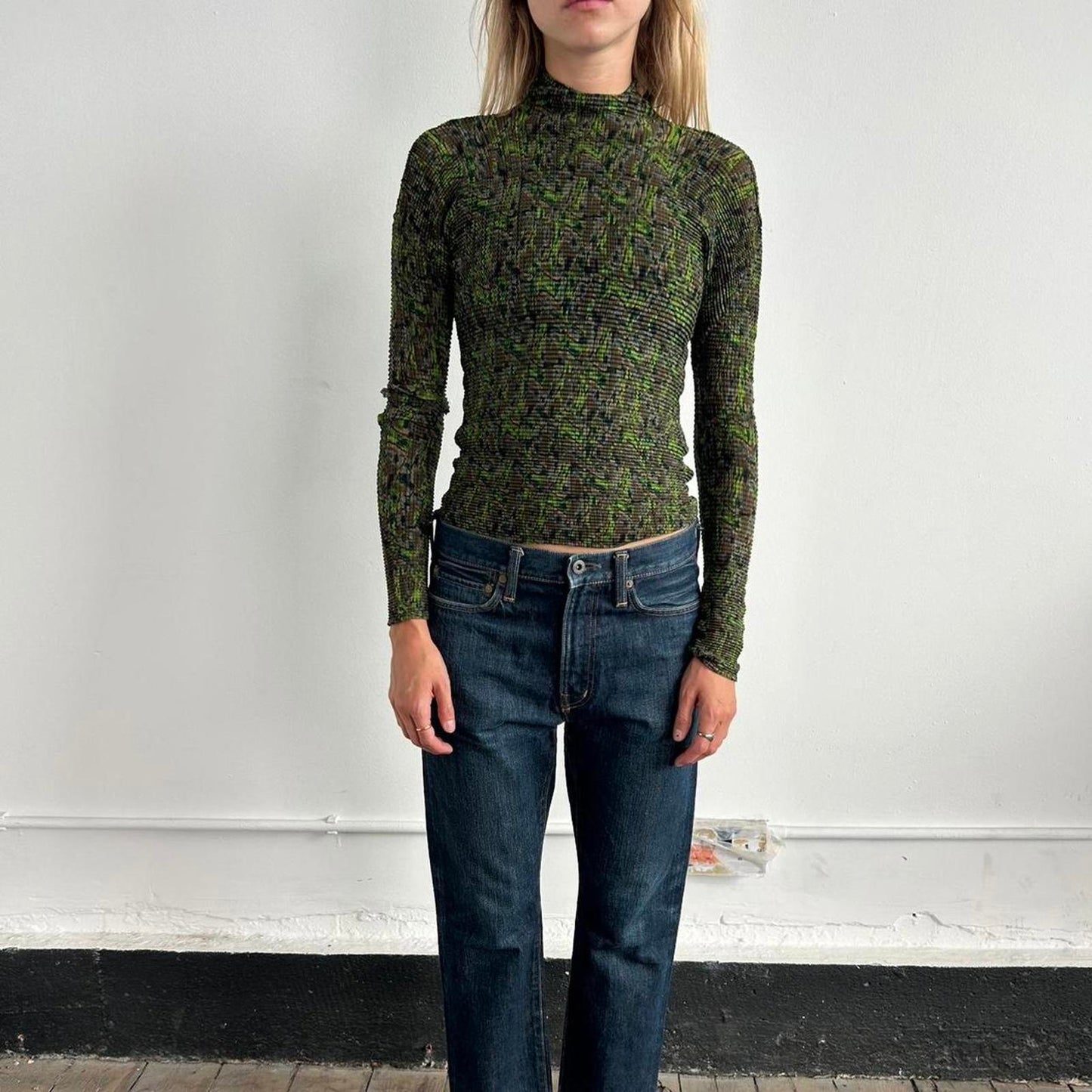 Camo Print Issey Miyake White Label Pleated Long Sleeve Top