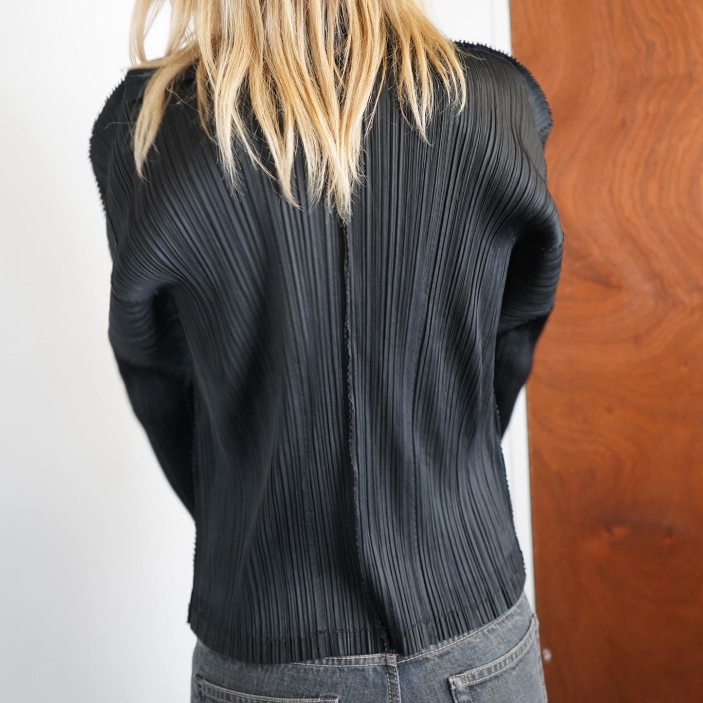 Black asymmetrical Issey Miyake Pleats Please zip up jacket