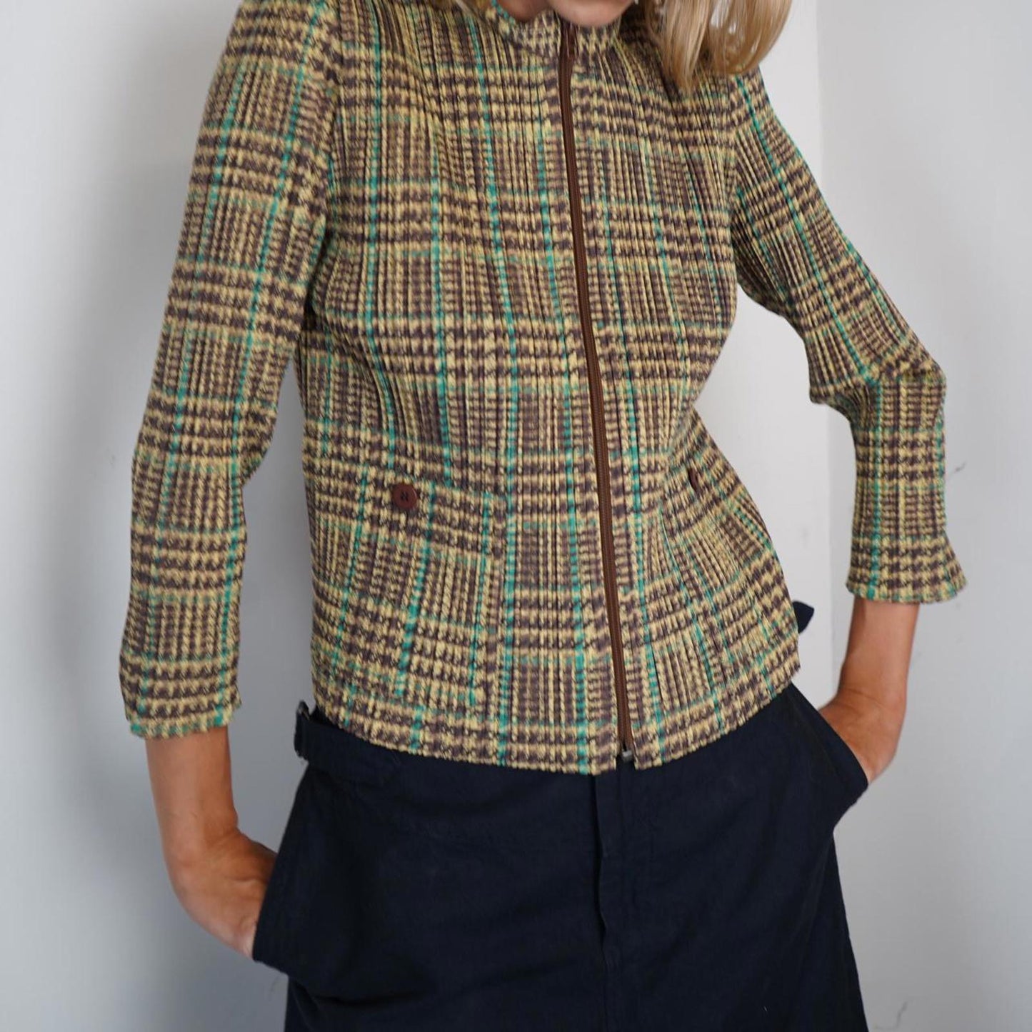 Checked Issey Miyake Pleats Please zip up jacket