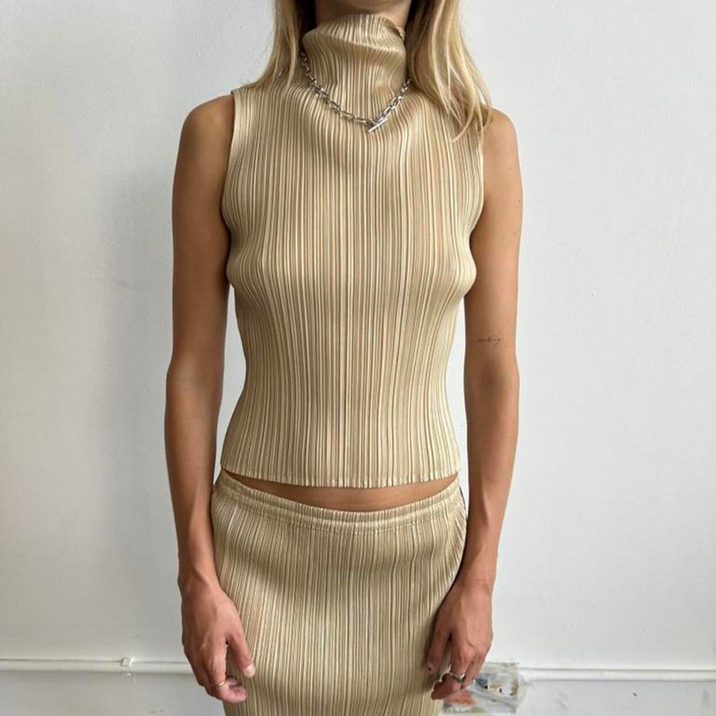 Issey Miyake Pleats Please set, sleeveless high neck top and maxi skirt