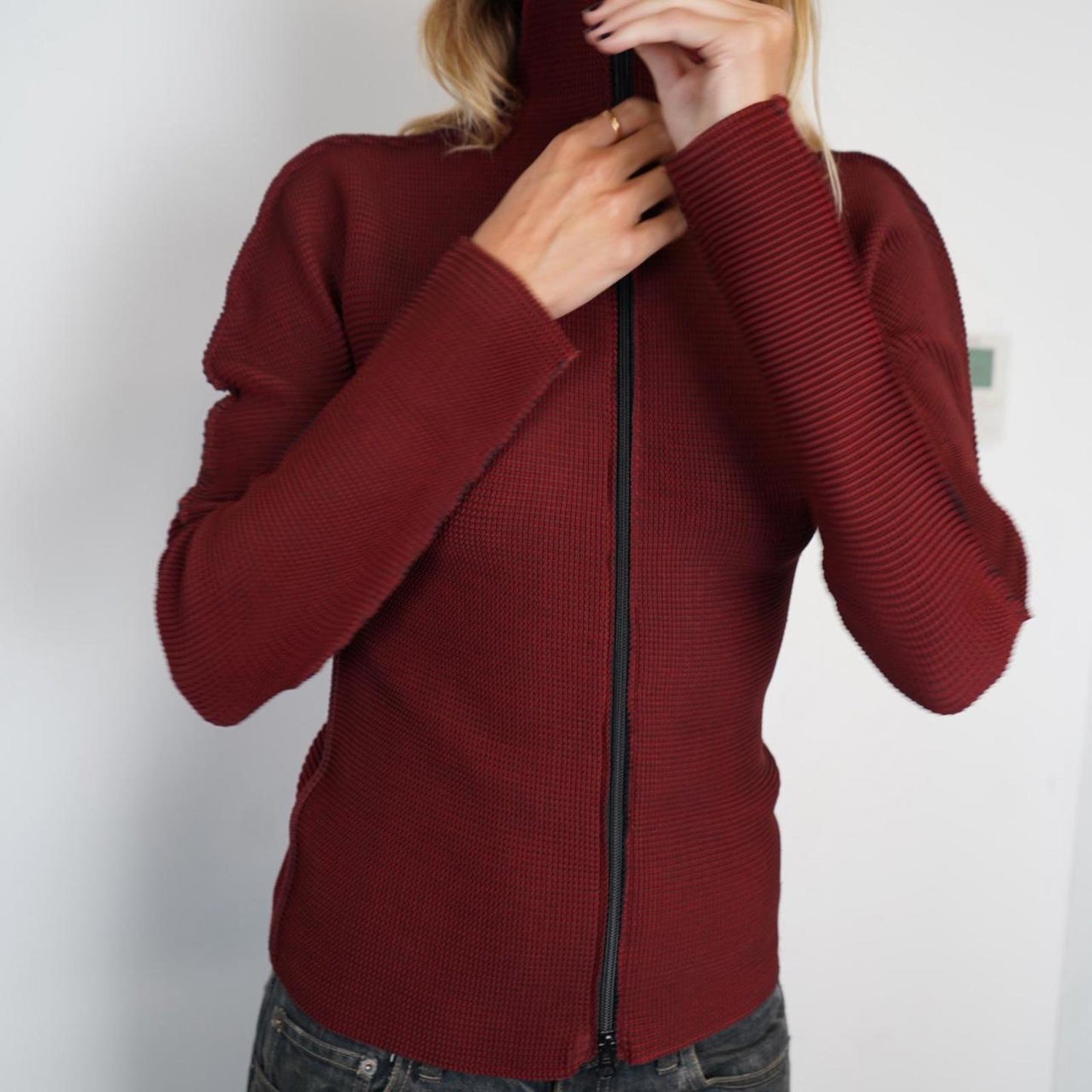 Red/burgundy Issey Miyake Me pleated zip up jacket