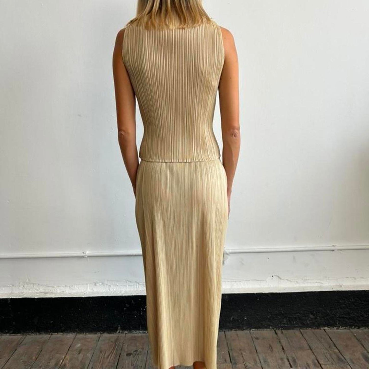 Issey Miyake Pleats Please set, sleeveless high neck top and maxi skirt