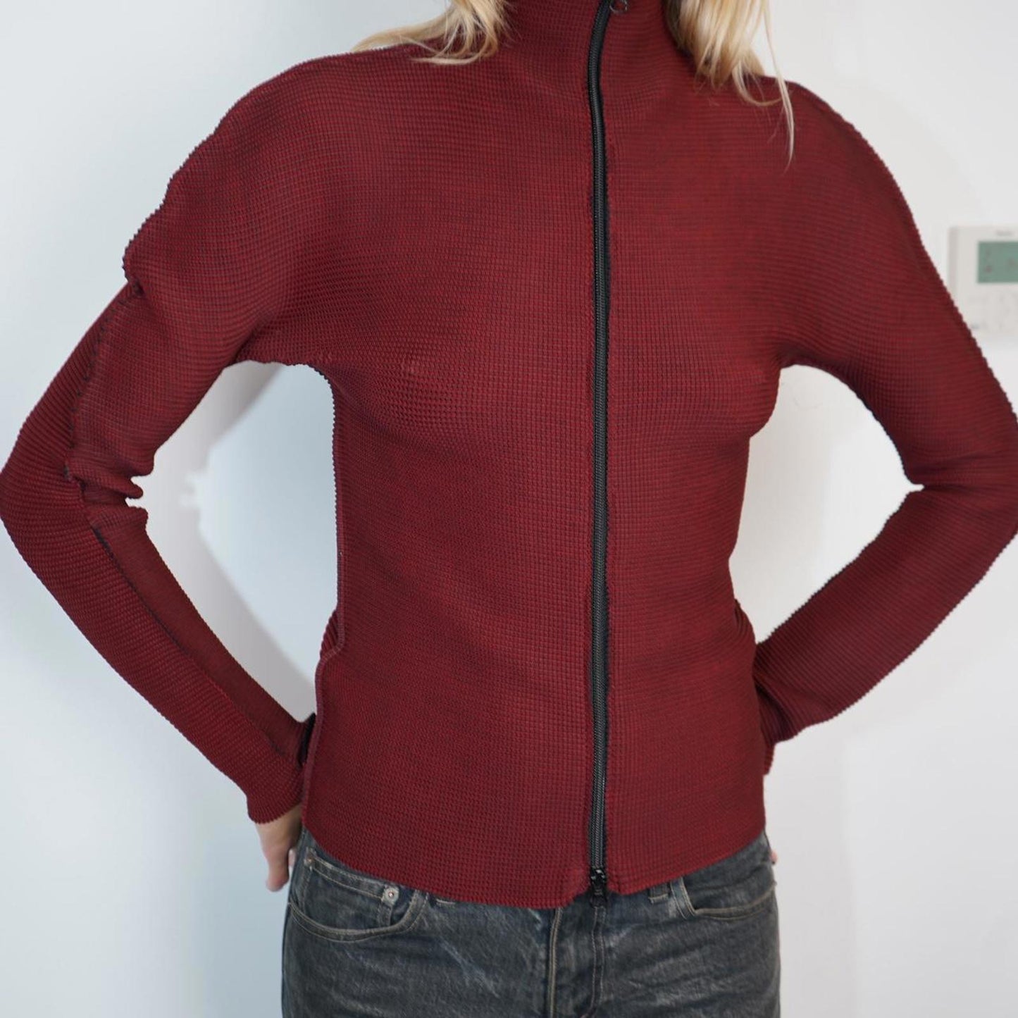 Red/burgundy Issey Miyake Me pleated zip up jacket