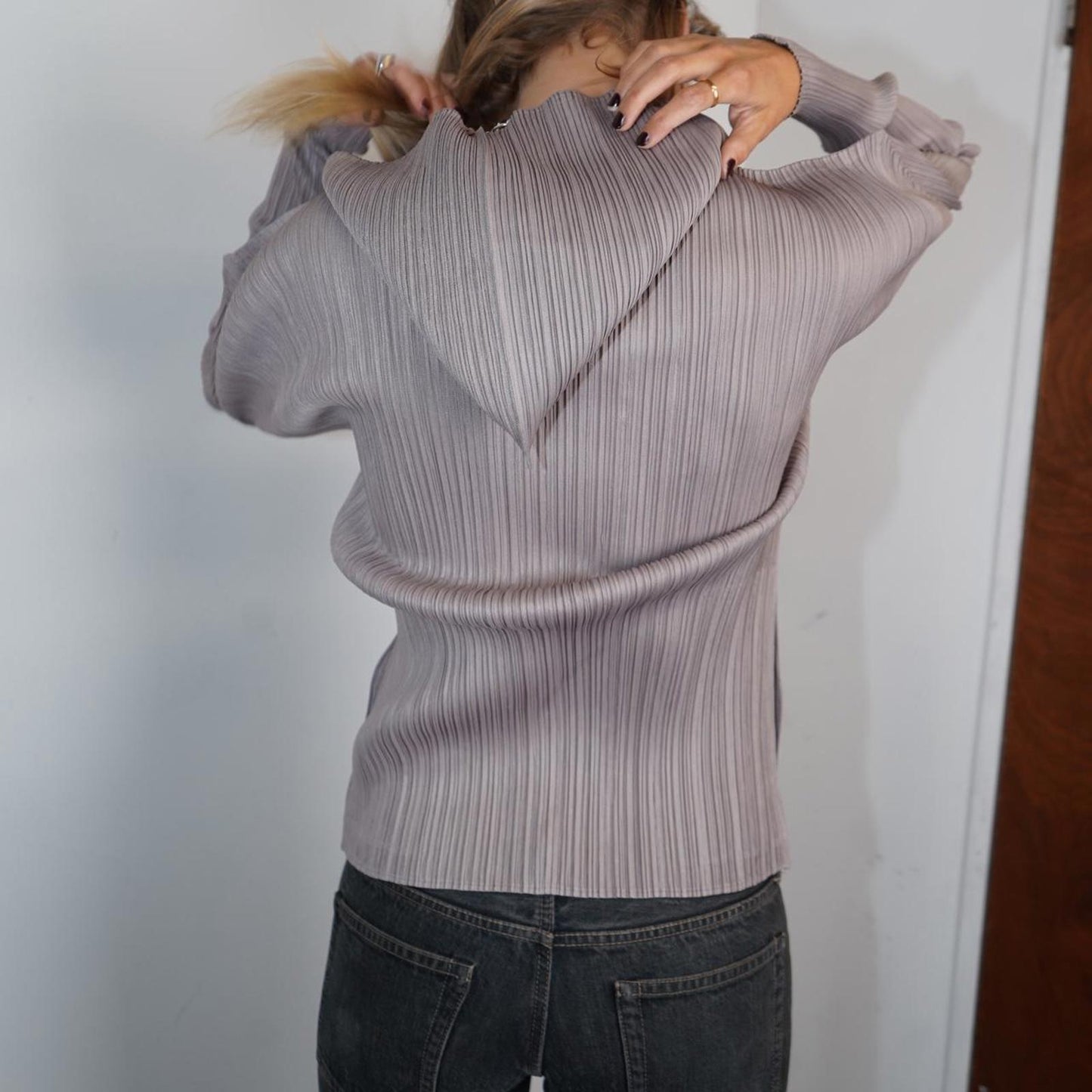 Grey Issey Miyake Pleats Please hooded zip up jacket