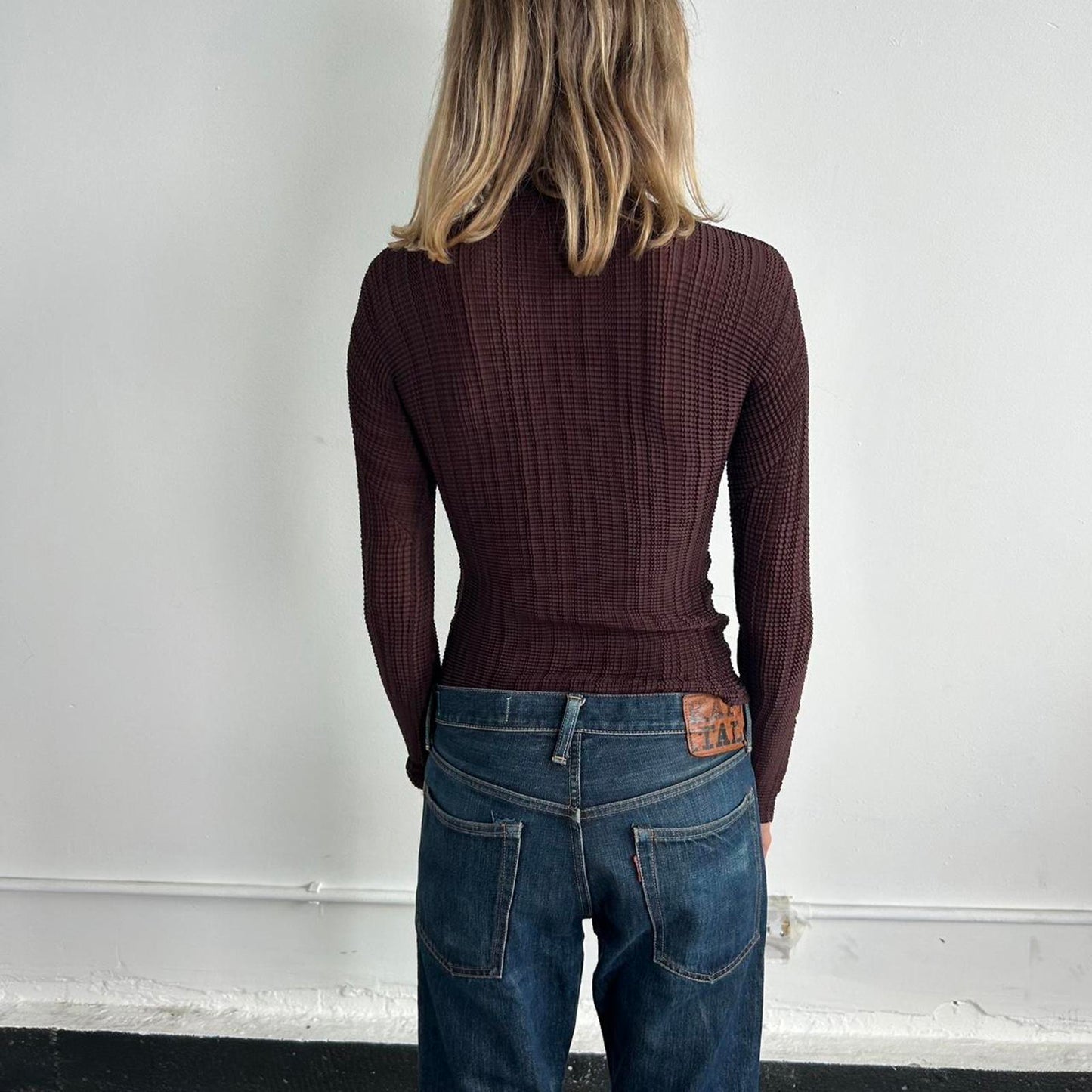 Burgundy Issey Miyake Fete long sleeve pleated top