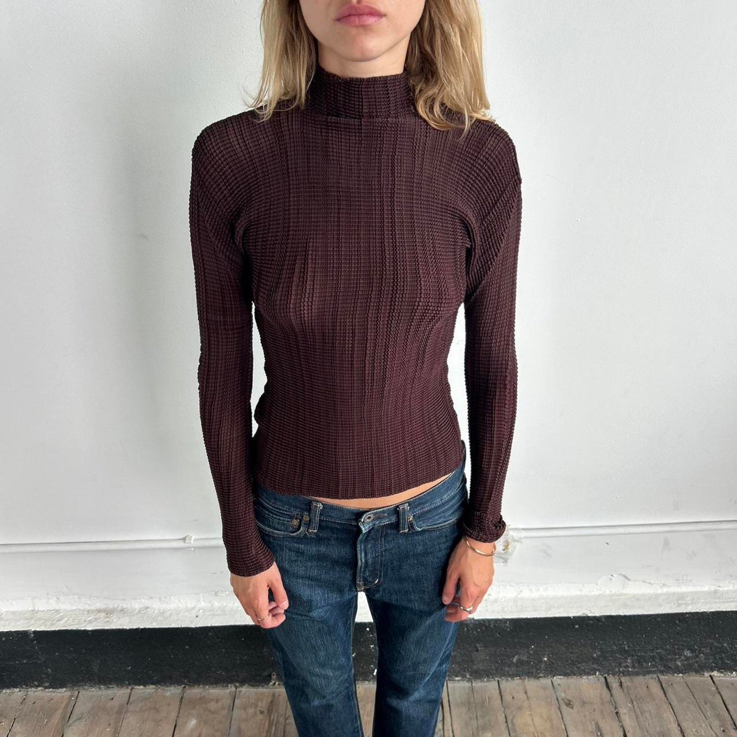 Burgundy Issey Miyake Fete long sleeve pleated top