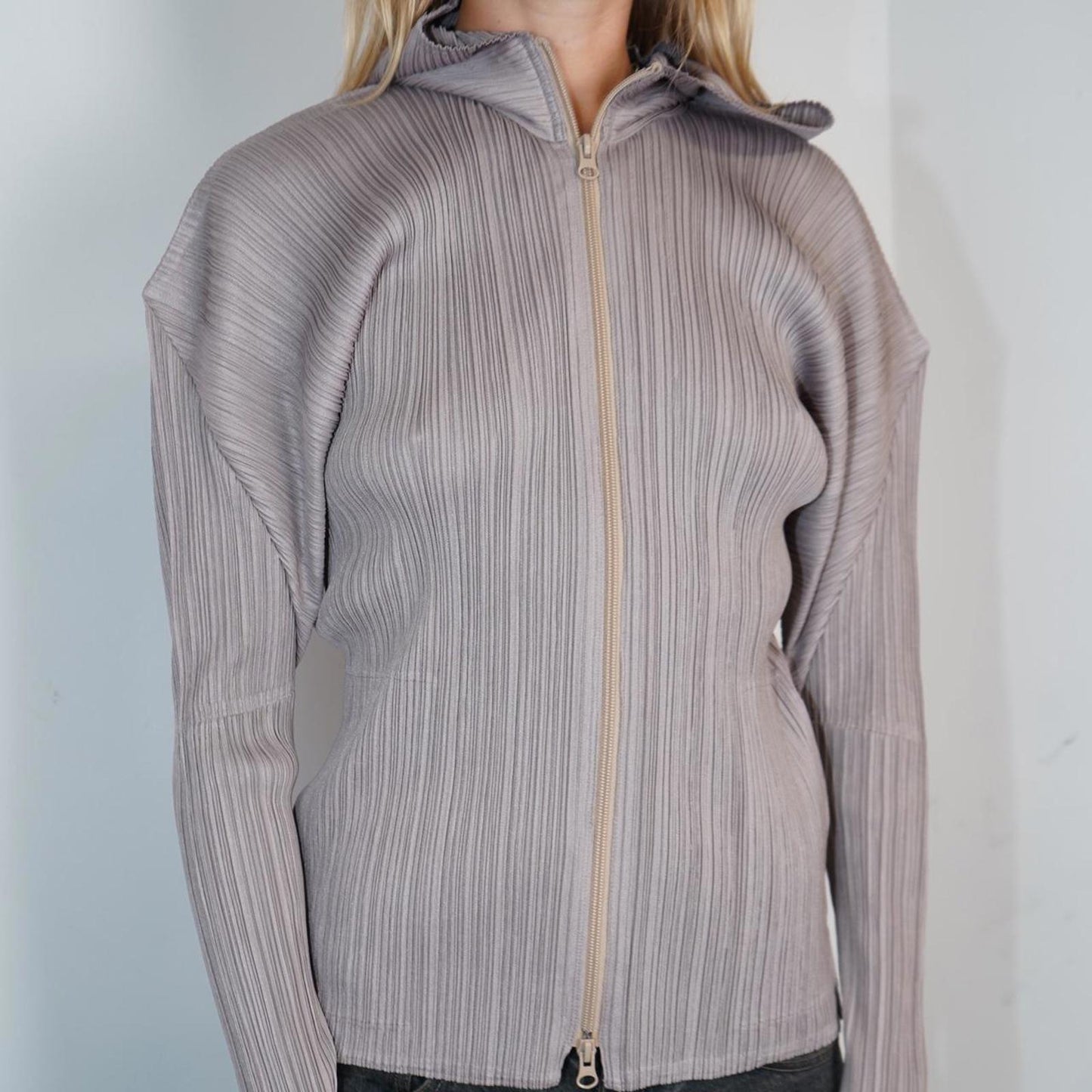 Grey Issey Miyake Pleats Please hooded zip up jacket