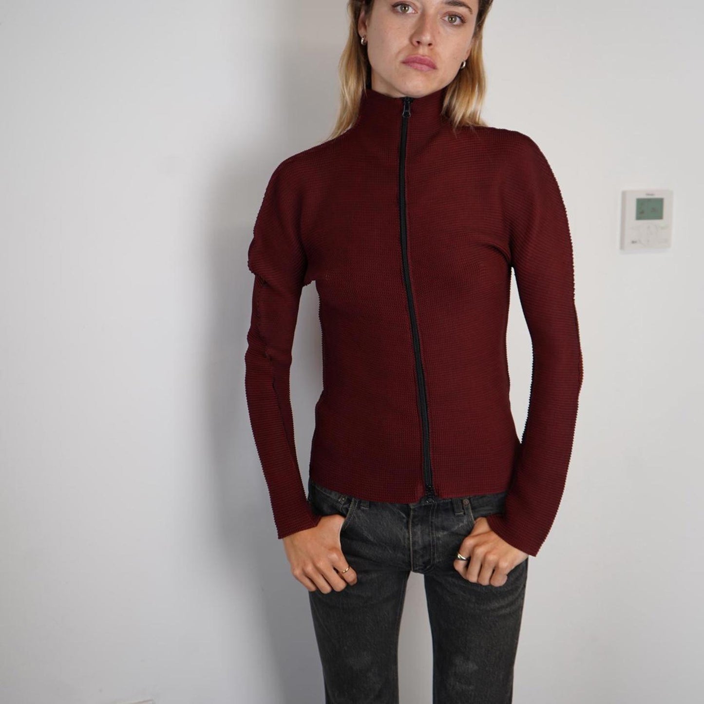 Red/burgundy Issey Miyake Me pleated zip up jacket