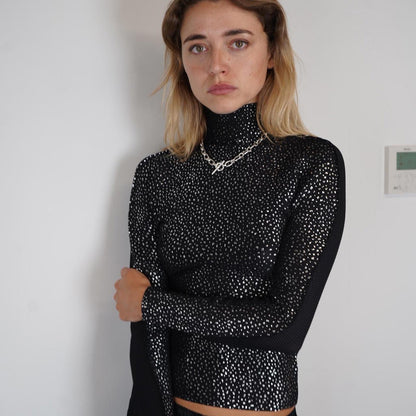 Issey Miyake pleated high neck long sleeve top with silver spotted pattern