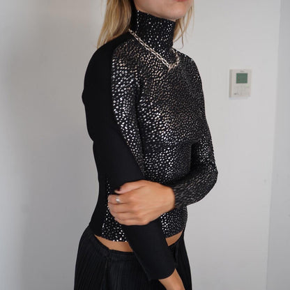 Issey Miyake pleated high neck long sleeve top with silver spotted pattern