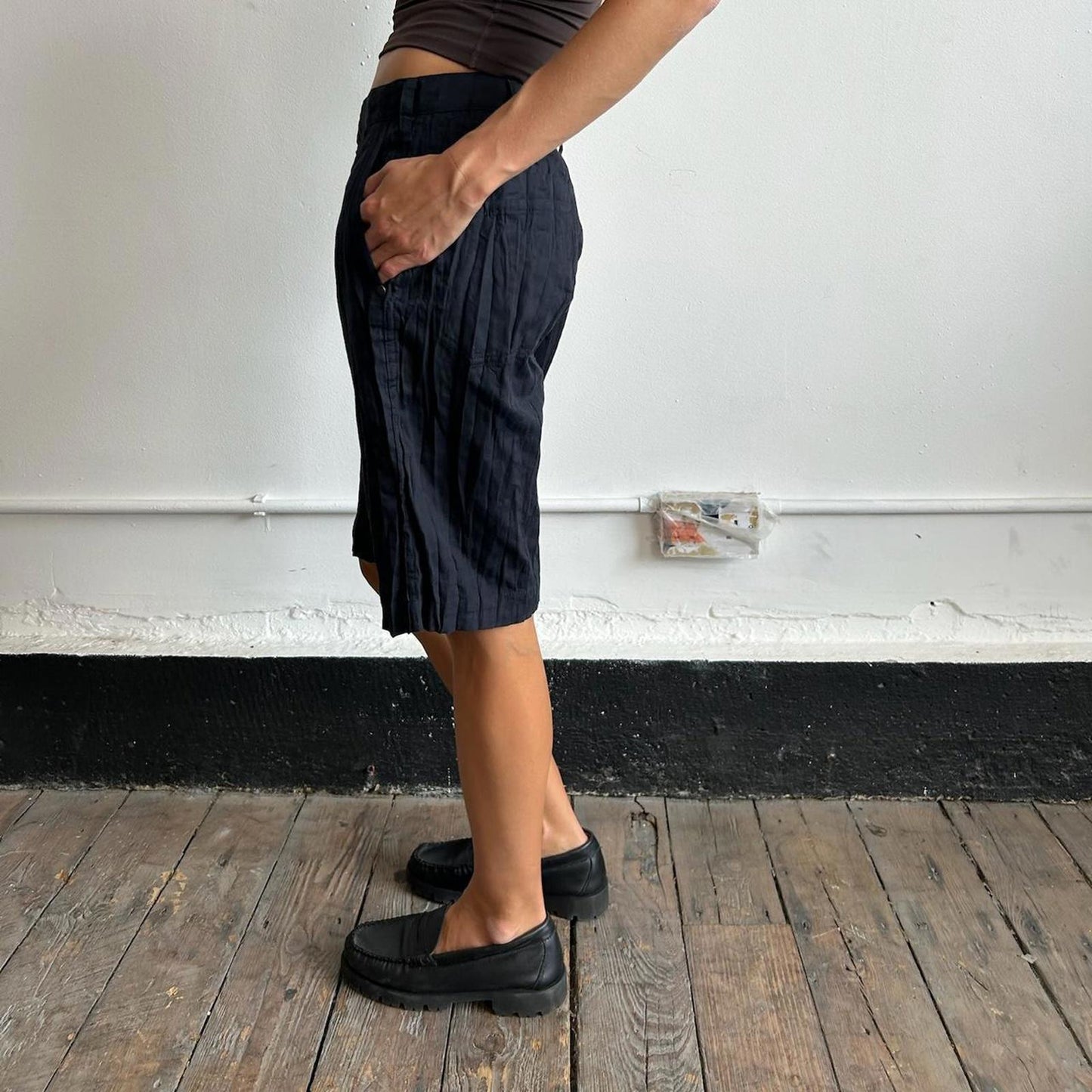 Issey Miyake Men navy crinkle shorts