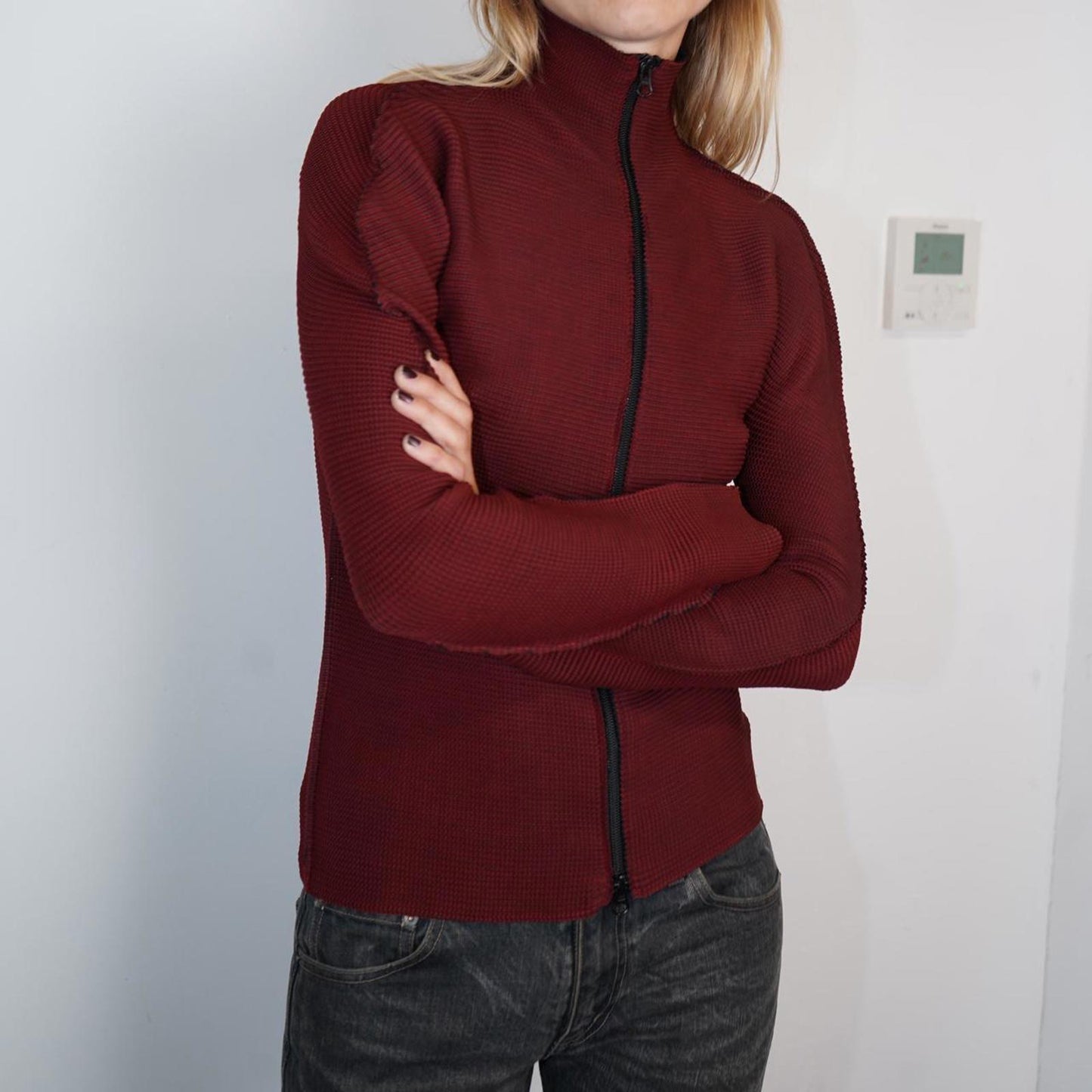 Red/burgundy Issey Miyake Me pleated zip up jacket