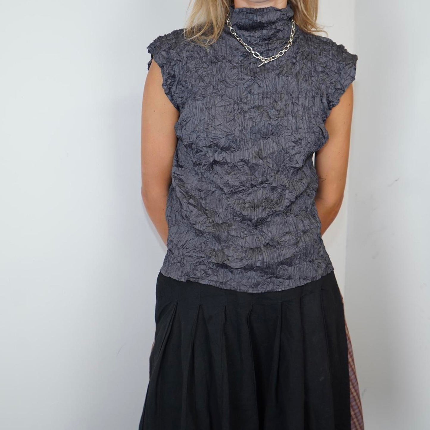 Issey Miyake crinkled grey sleeveless high neck top