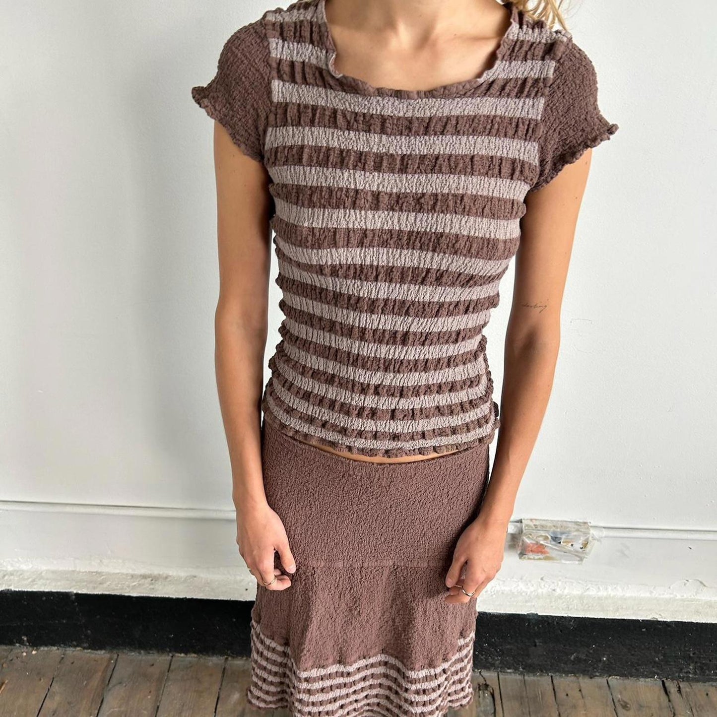 Issey Miyake crinkled striped two piece top and skirt set