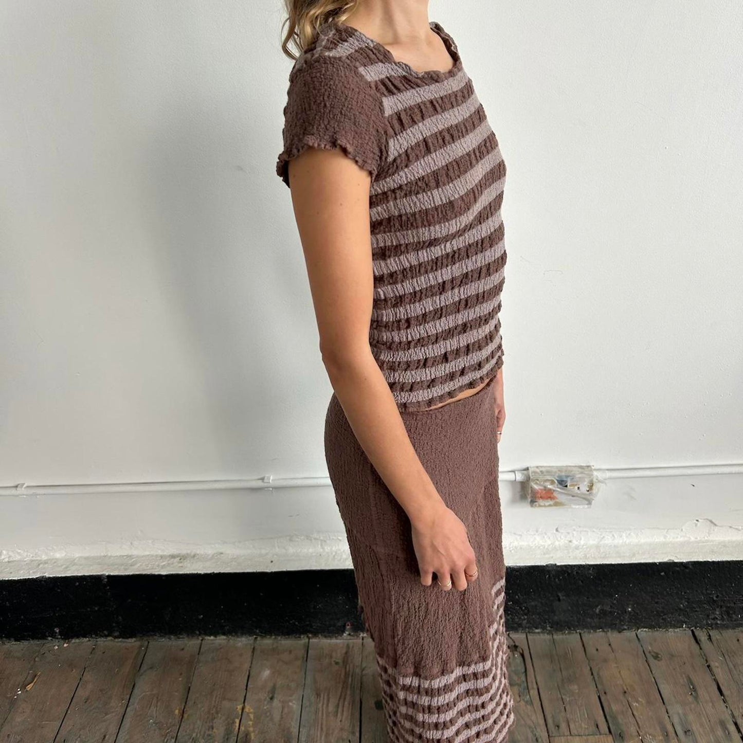 Issey Miyake crinkled striped two piece top and skirt set