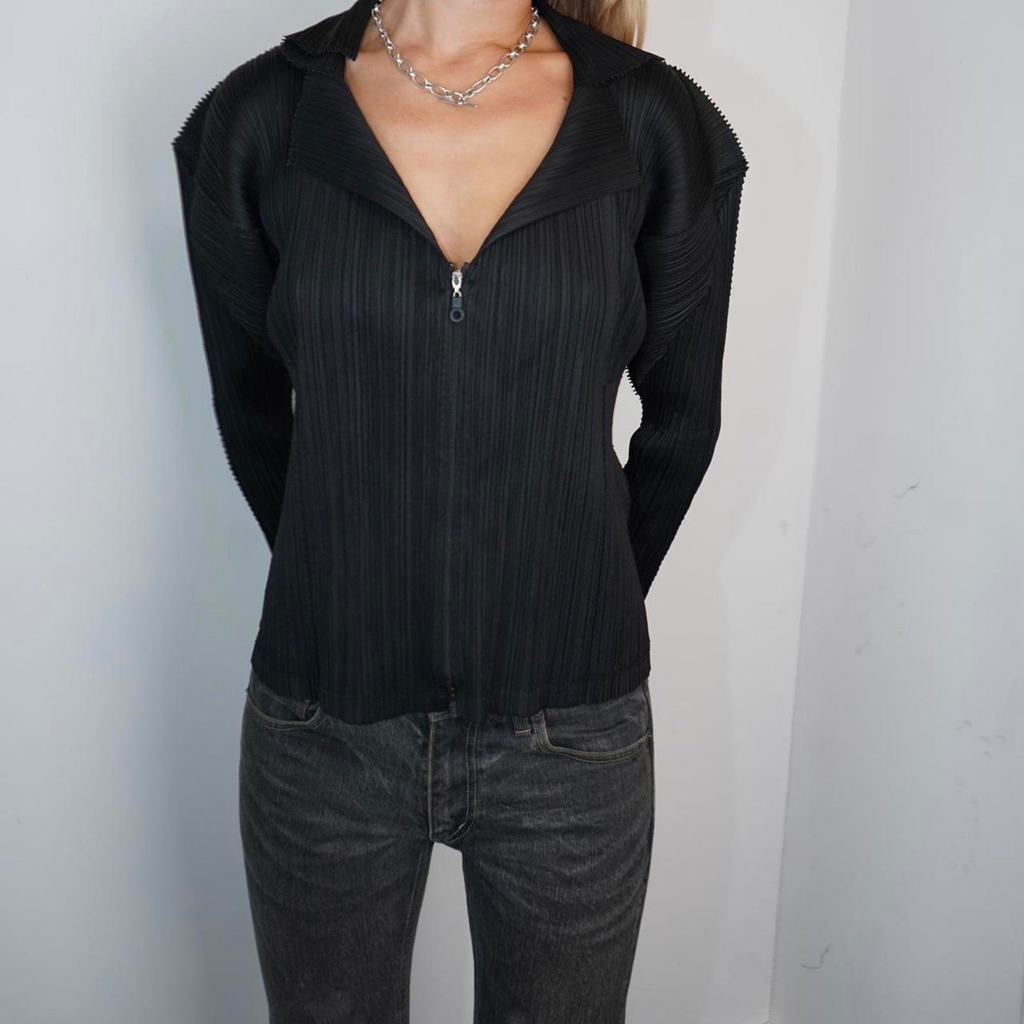 Black asymmetrical Issey Miyake Pleats Please zip up jacket