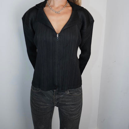Black asymmetrical Issey Miyake Pleats Please zip up jacket