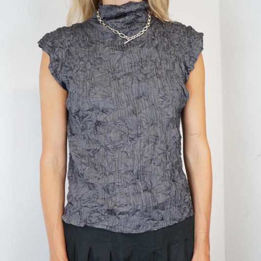Issey Miyake crinkled grey sleeveless high neck top