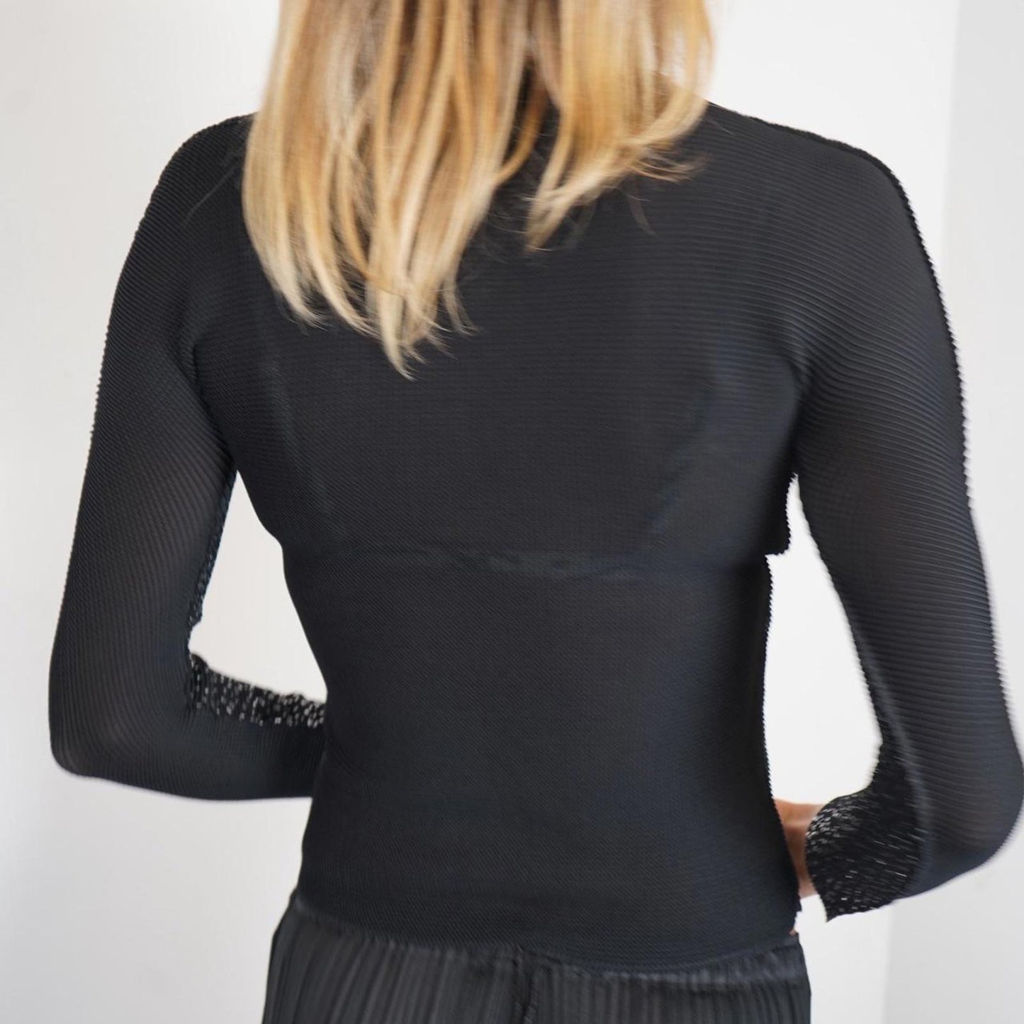 Issey Miyake pleated high neck long sleeve top with silver spotted pattern