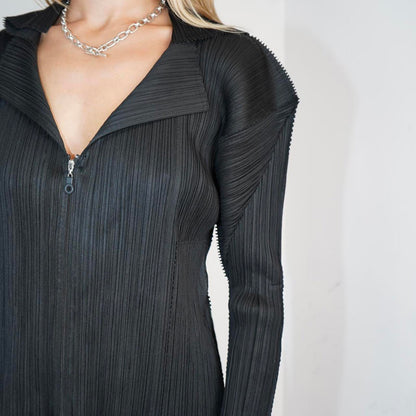 Black asymmetrical Issey Miyake Pleats Please zip up jacket