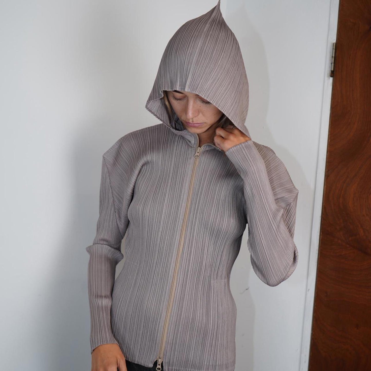 Grey Issey Miyake Pleats Please hooded zip up jacket