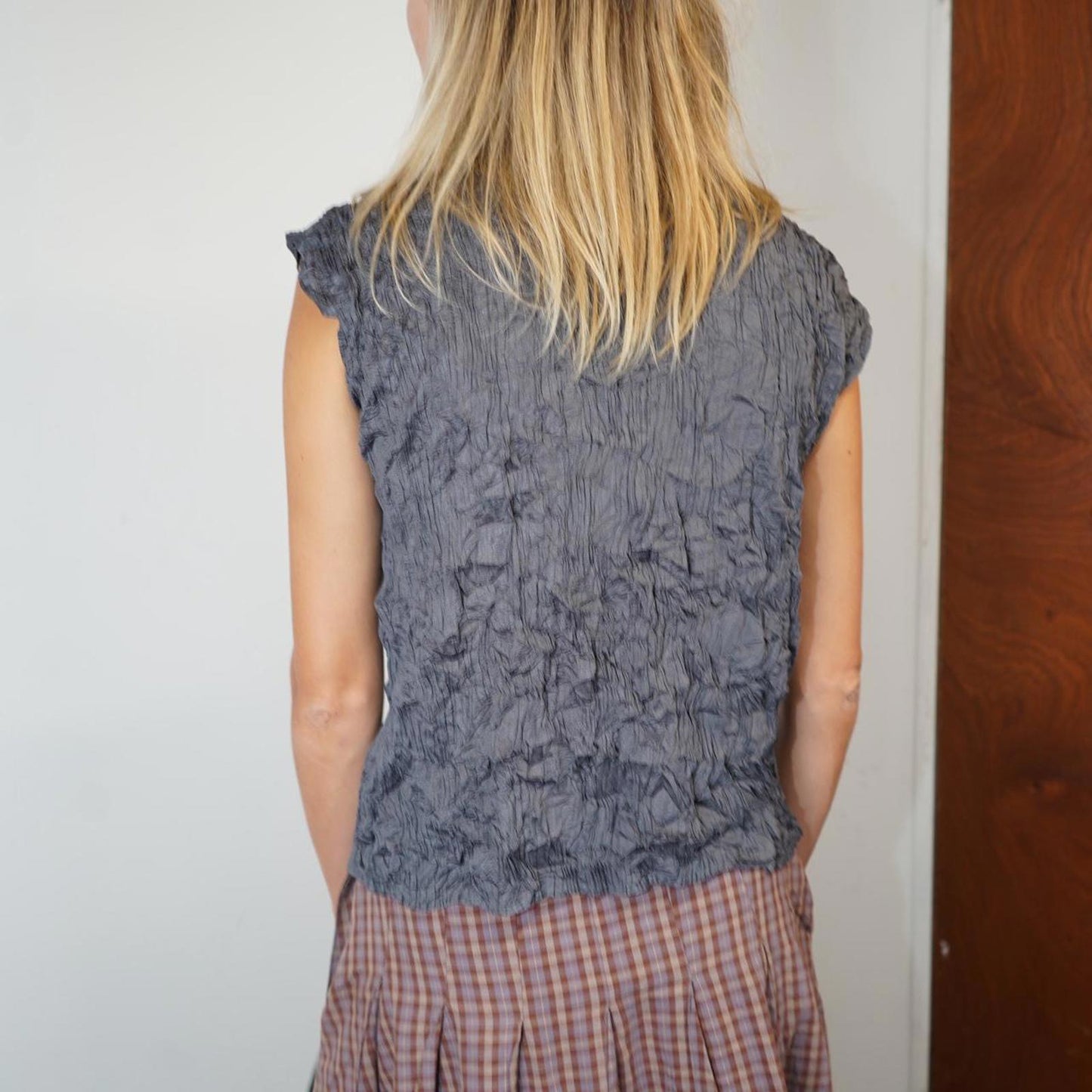 Issey Miyake crinkled grey sleeveless high neck top