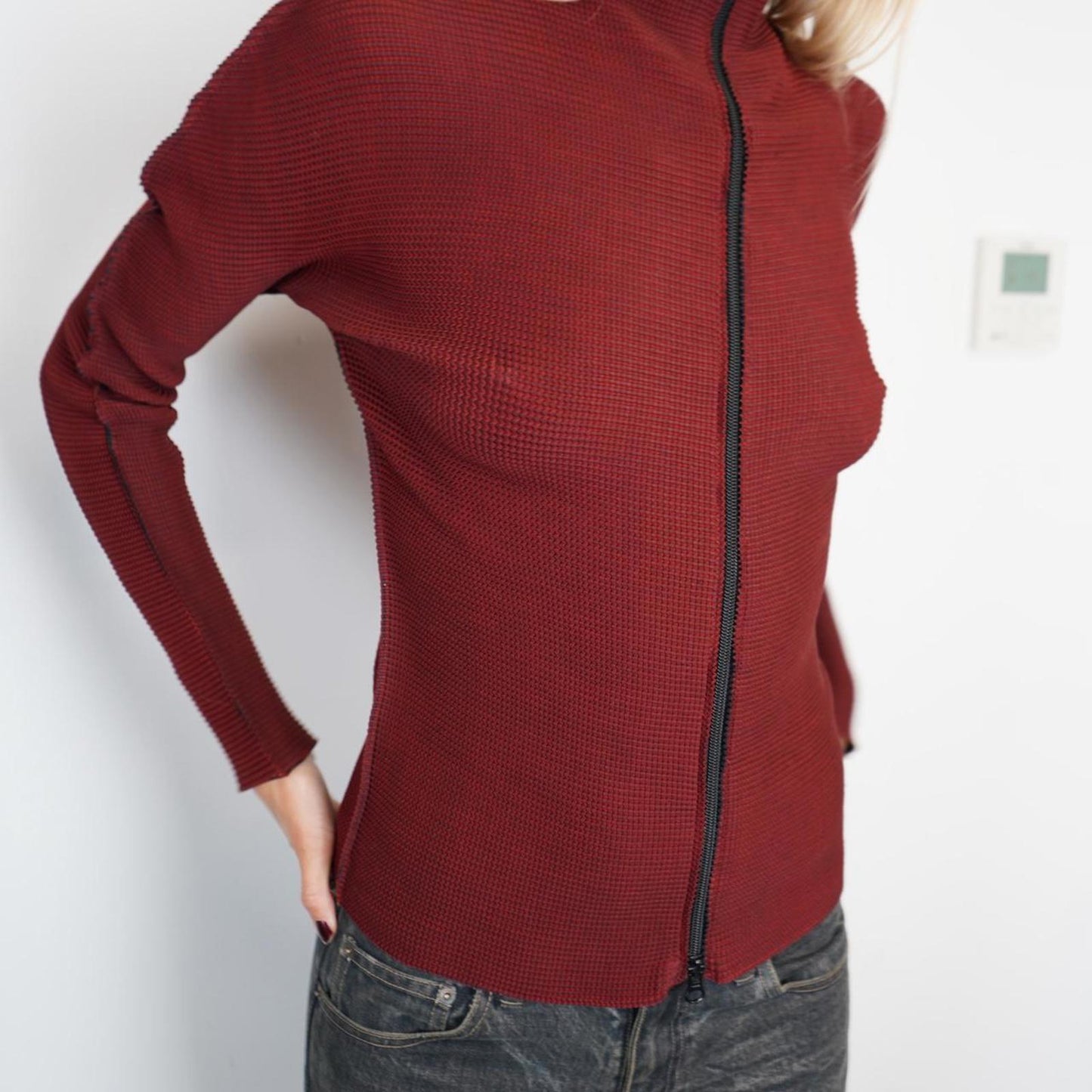 Red/burgundy Issey Miyake Me pleated zip up jacket