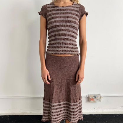 Issey Miyake crinkled striped two piece top and skirt set