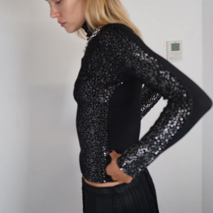 Issey Miyake pleated high neck long sleeve top with silver spotted pattern