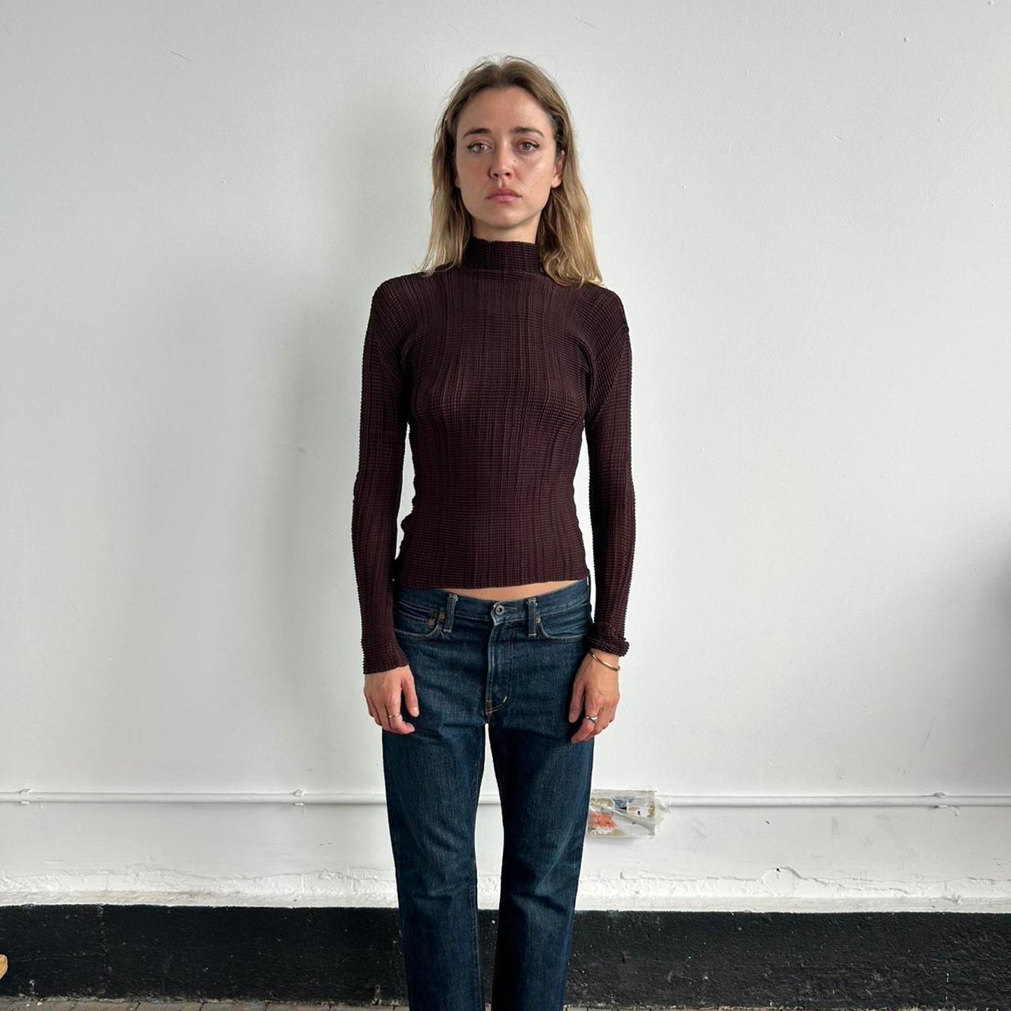 Burgundy Issey Miyake Fete long sleeve pleated top