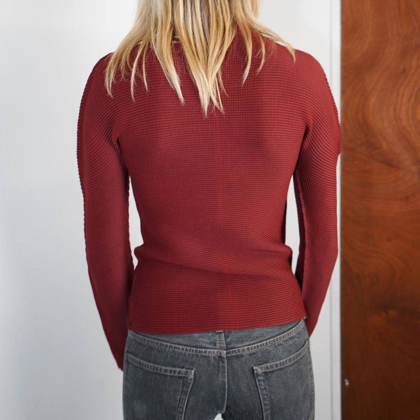 Red/burgundy Issey Miyake Me pleated zip up jacket