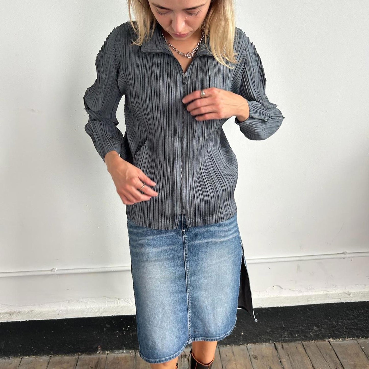 Issey Miyake Pleats Please grey zip up jacket