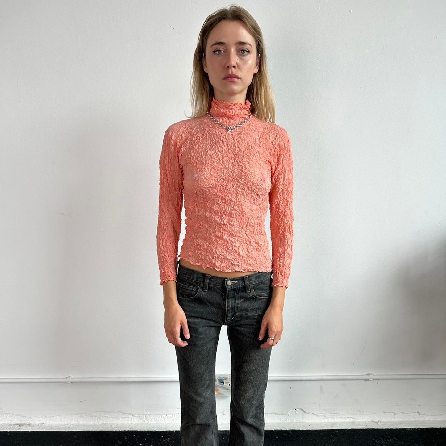 Issey Miyake crinkle long sleeve high neck top