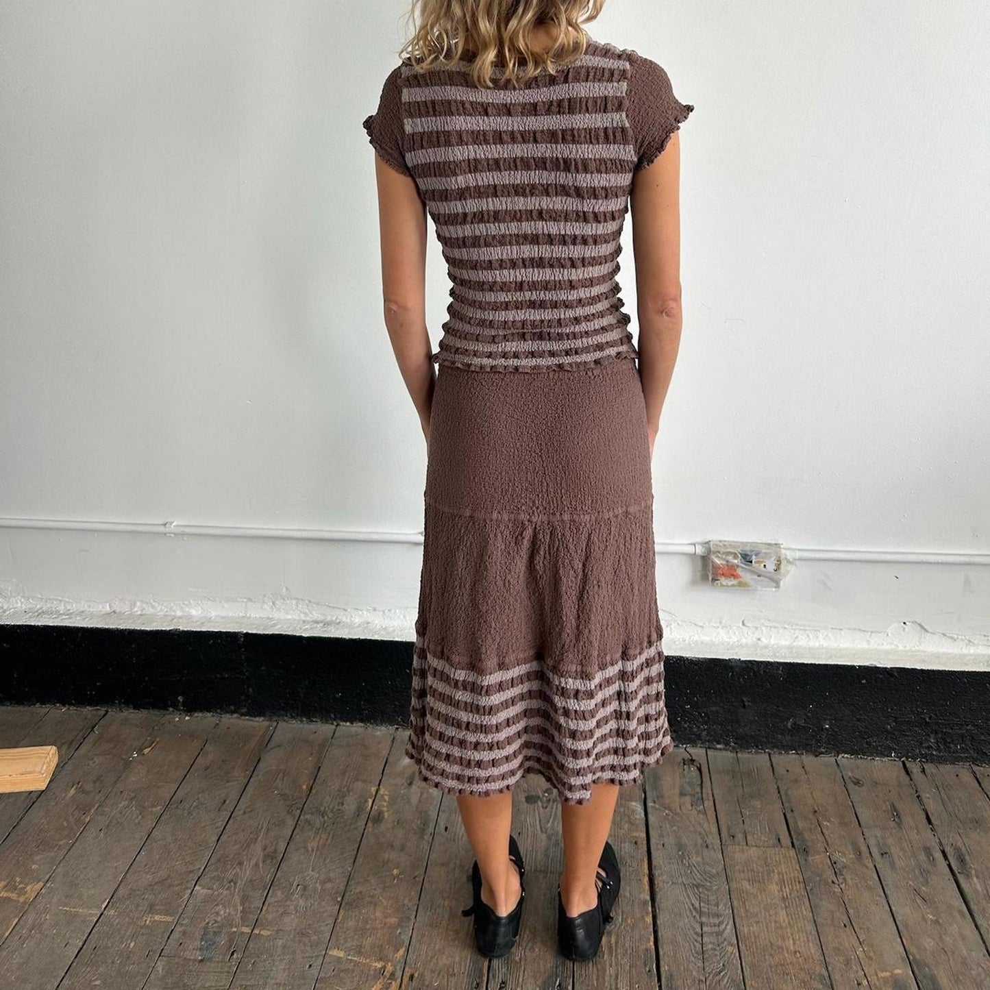 Issey Miyake crinkled striped two piece top and skirt set