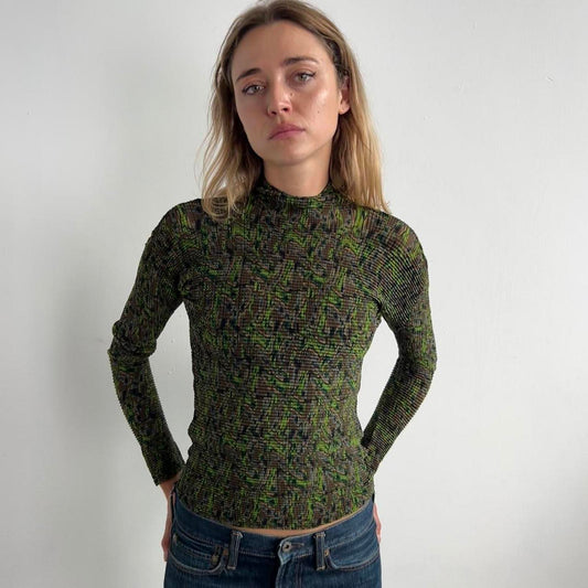 Camo Print Issey Miyake White Label Pleated Long Sleeve Top