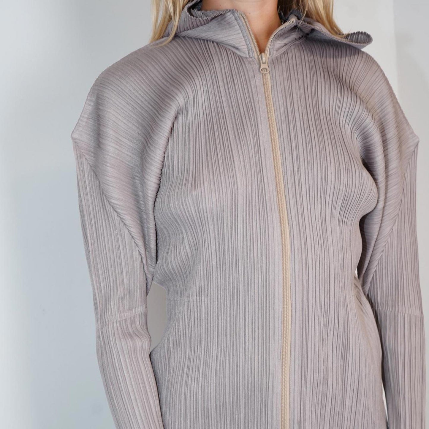 Grey Issey Miyake Pleats Please hooded zip up jacket