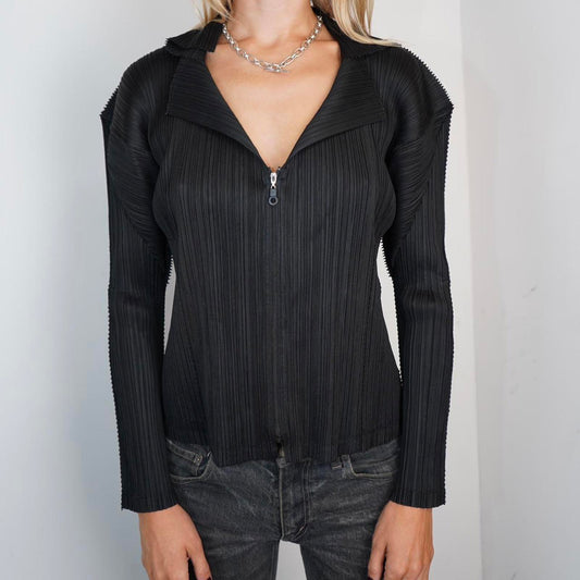 Black asymmetrical Issey Miyake Pleats Please zip up jacket