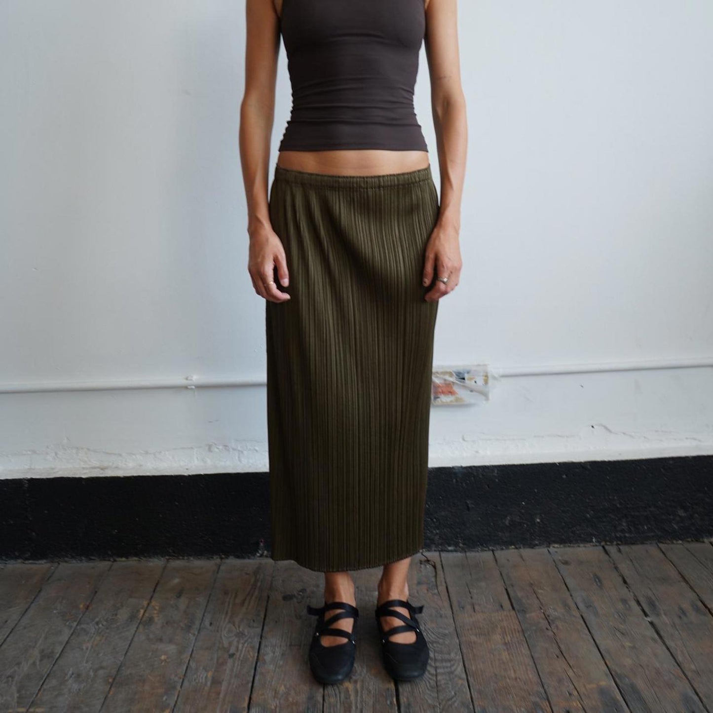 Khaki Issey Miyake Pleats Please maxi skirt