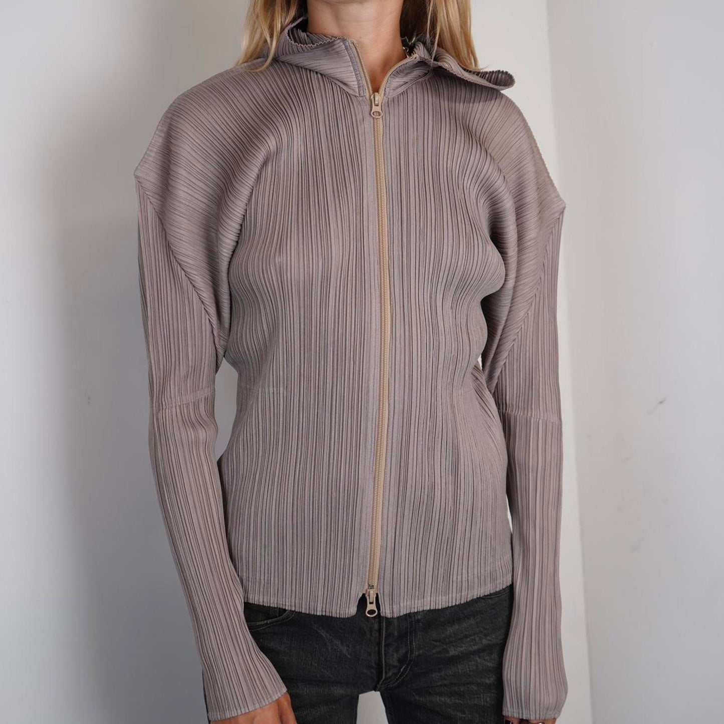 Grey Issey Miyake Pleats Please hooded zip up jacket