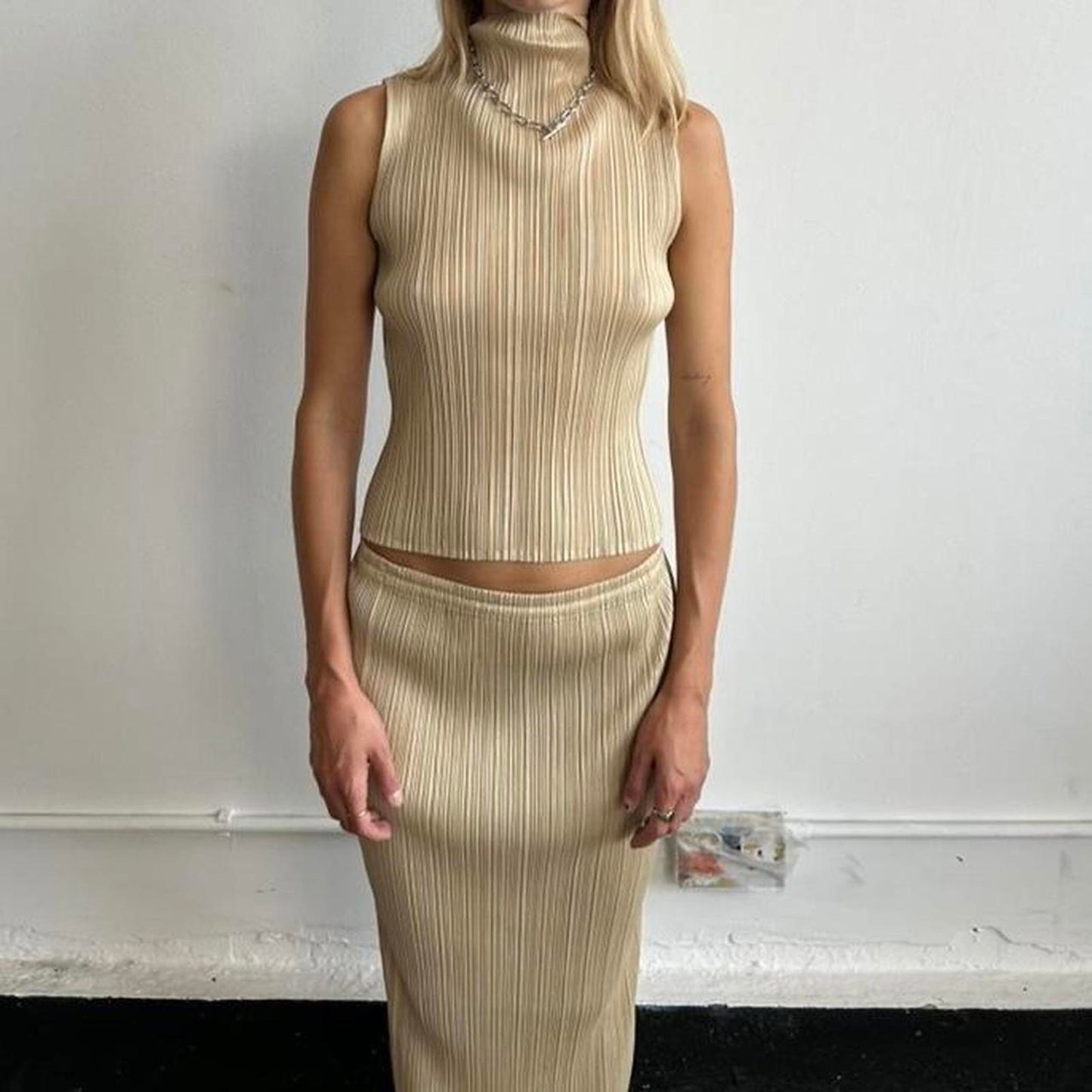 Issey Miyake Pleats Please set, sleeveless high neck top and maxi skirt