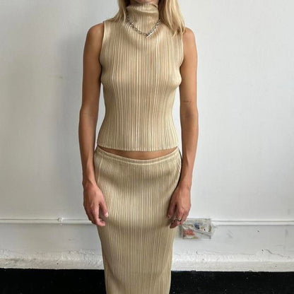 Issey Miyake Pleats Please set, sleeveless high neck top and maxi skirt