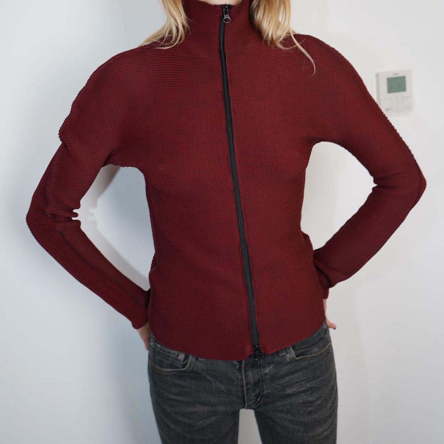 Red/burgundy Issey Miyake Me pleated zip up jacket