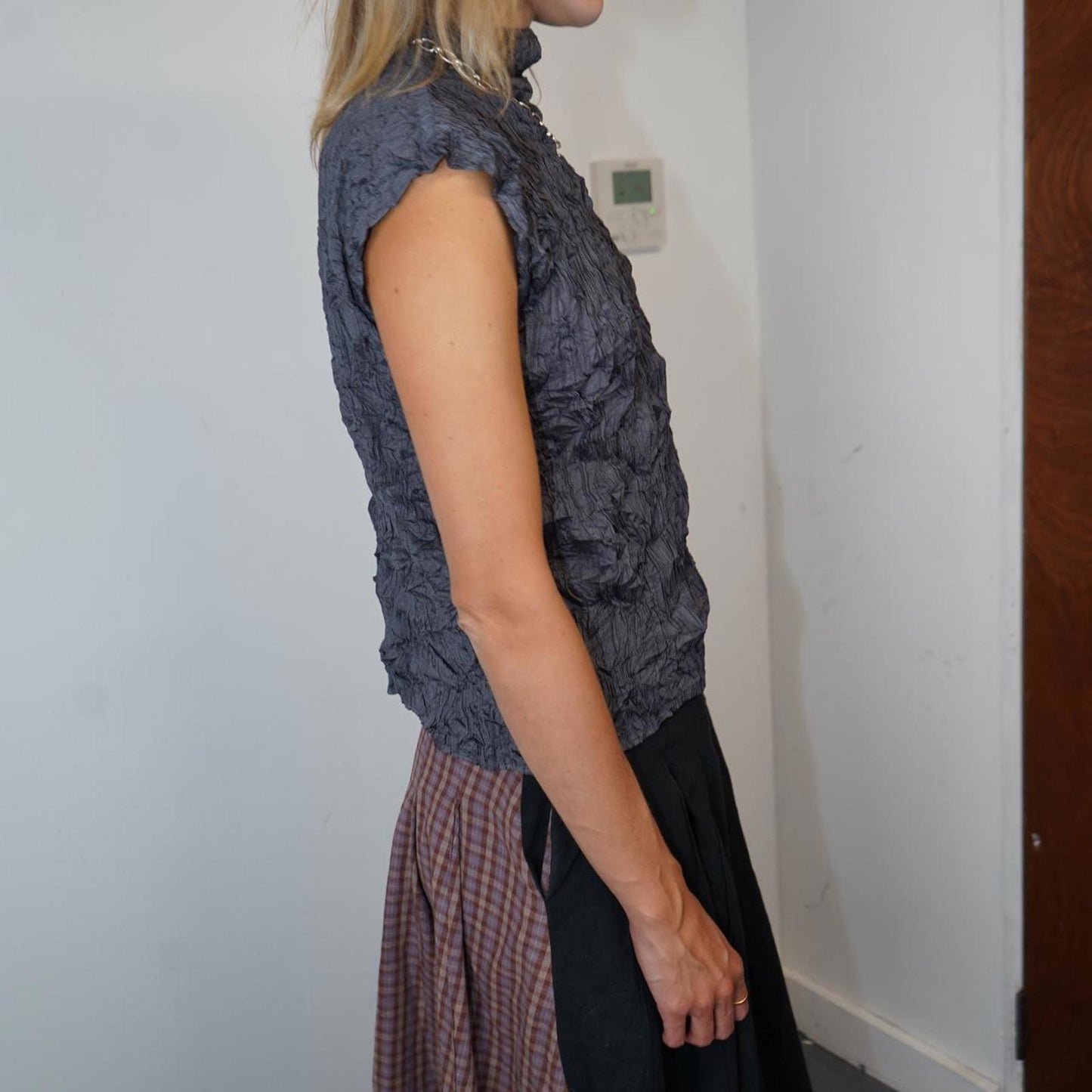 Issey Miyake crinkled grey sleeveless high neck top