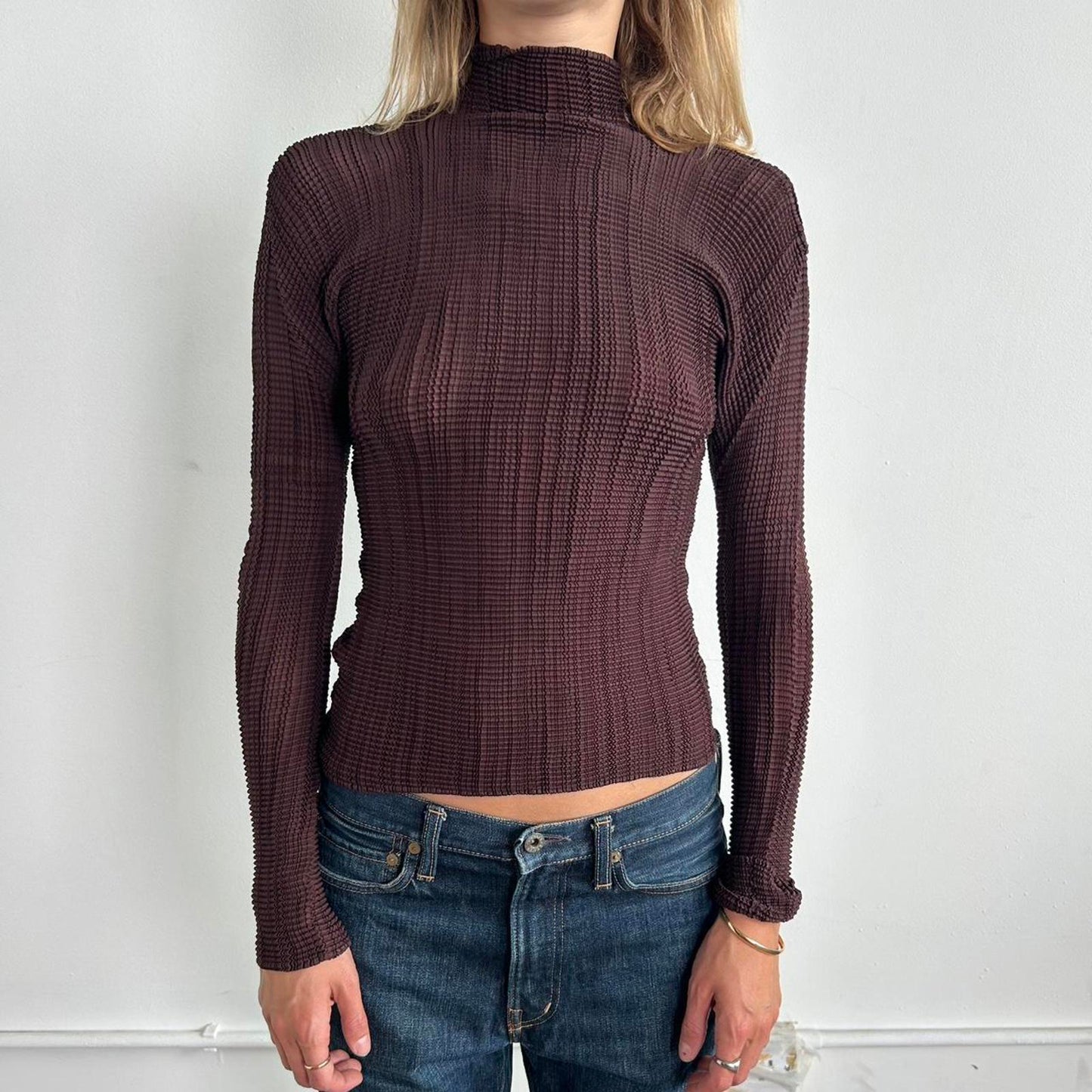 Burgundy Issey Miyake Fete long sleeve pleated top
