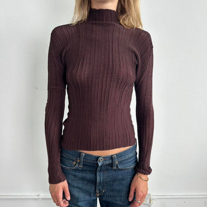 Burgundy Issey Miyake Fete long sleeve pleated top