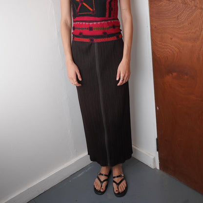 Brown Issey Miyake Pleats Please Maxi Skirt with full length mid zip